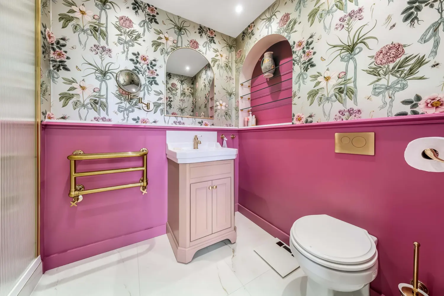 Pink bathroom with botanical wallpaper